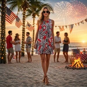 Alyx Dress Medium Red White & Blue Paisley Sleeveless Pockets 4th of July Shift